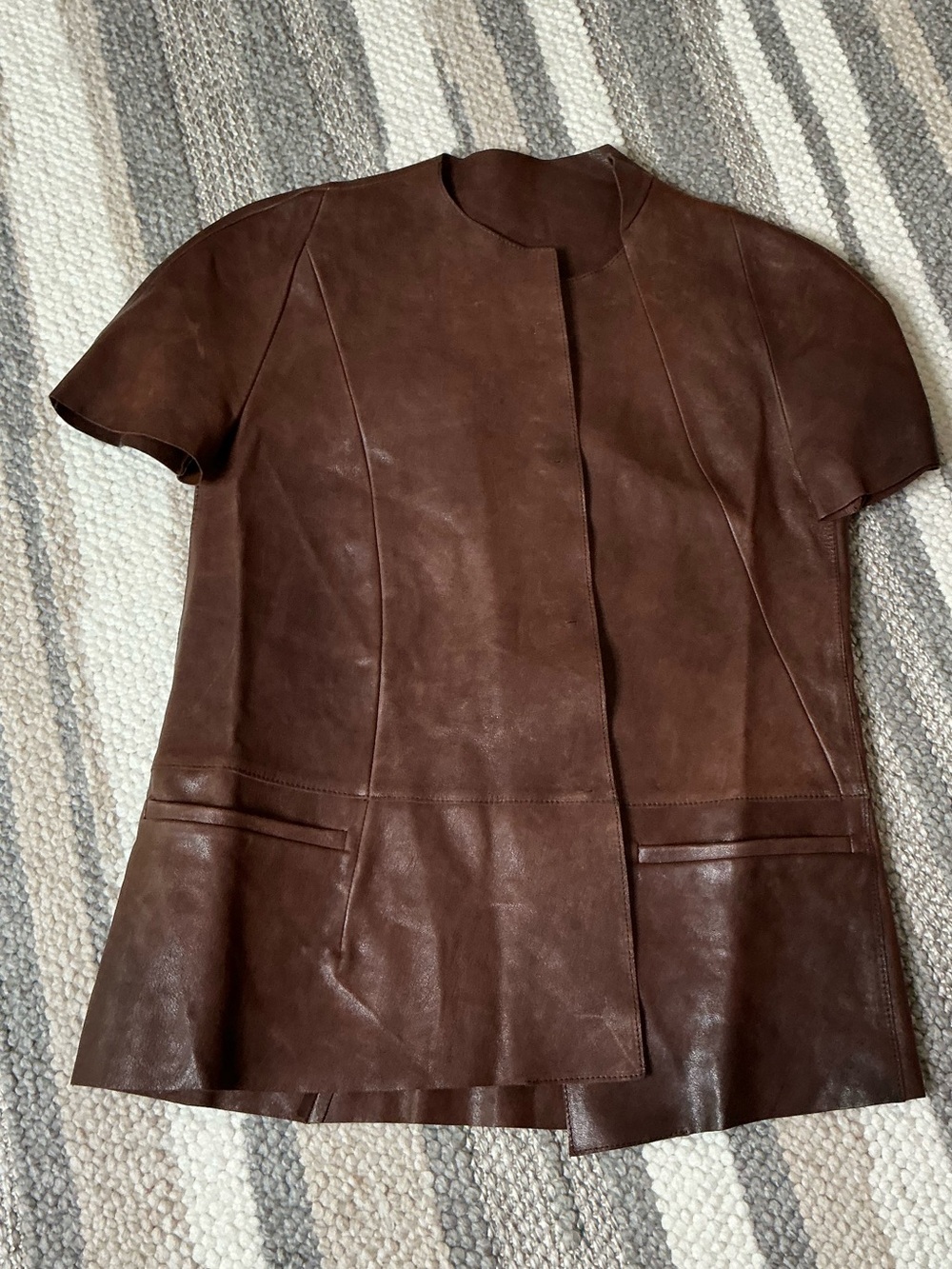 MARNI Brown Lamb Leather Short-Sleeve Jacket Asymmetrical Snap Buttons Size 38 - Picture 10 of 15